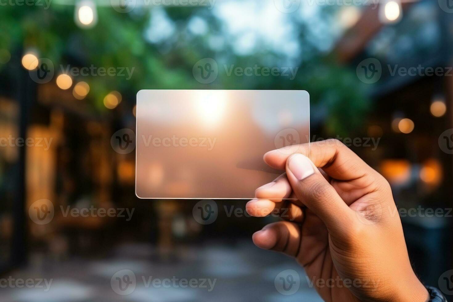 hand holding virtual, transparent business card. Genarative ai photo