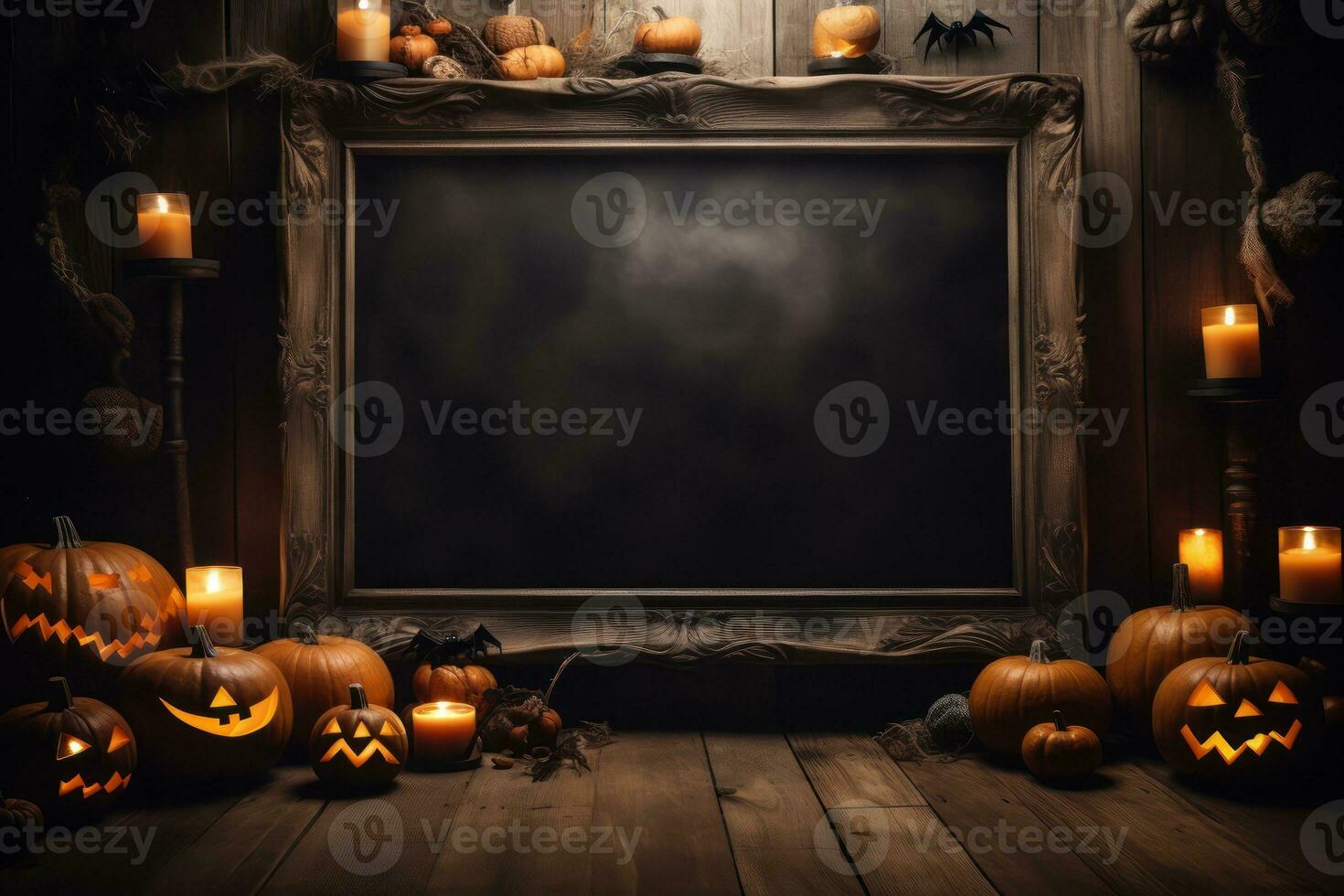 Happy halloween flat lay mockup with pumpkins on orange background. Autumn holiday concept composition. Top view with copy space. Generative ai. photo