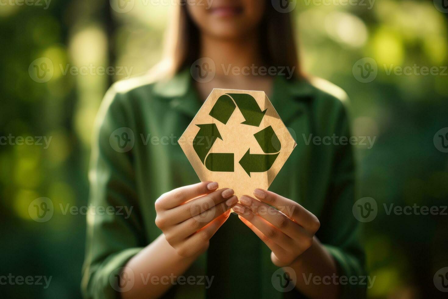 Recycle symbol on hand and bag, sustainable and eco environment concept. Generative AI photo