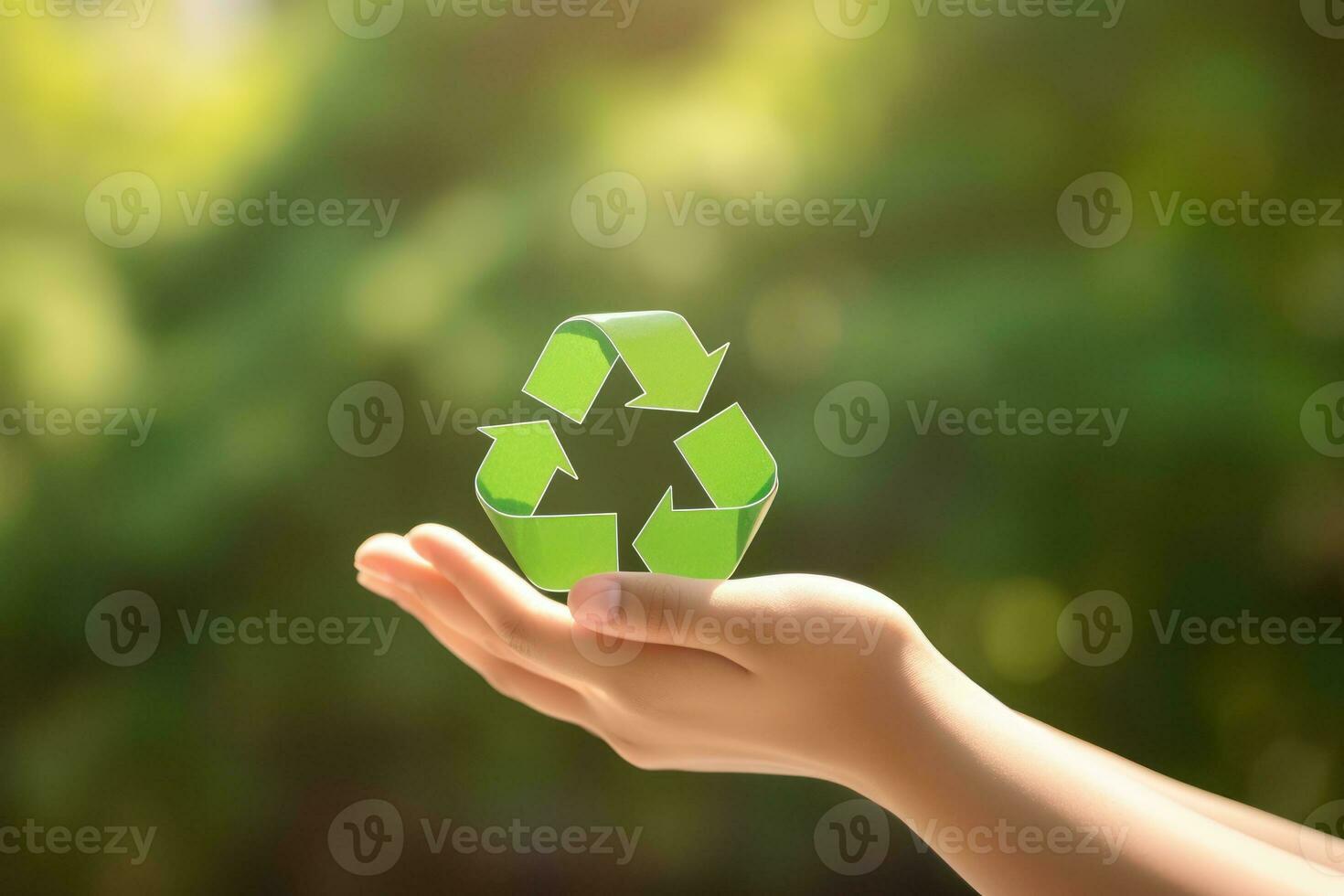 Recycle symbol on hand and bag, sustainable and eco environment concept. Generative AI photo