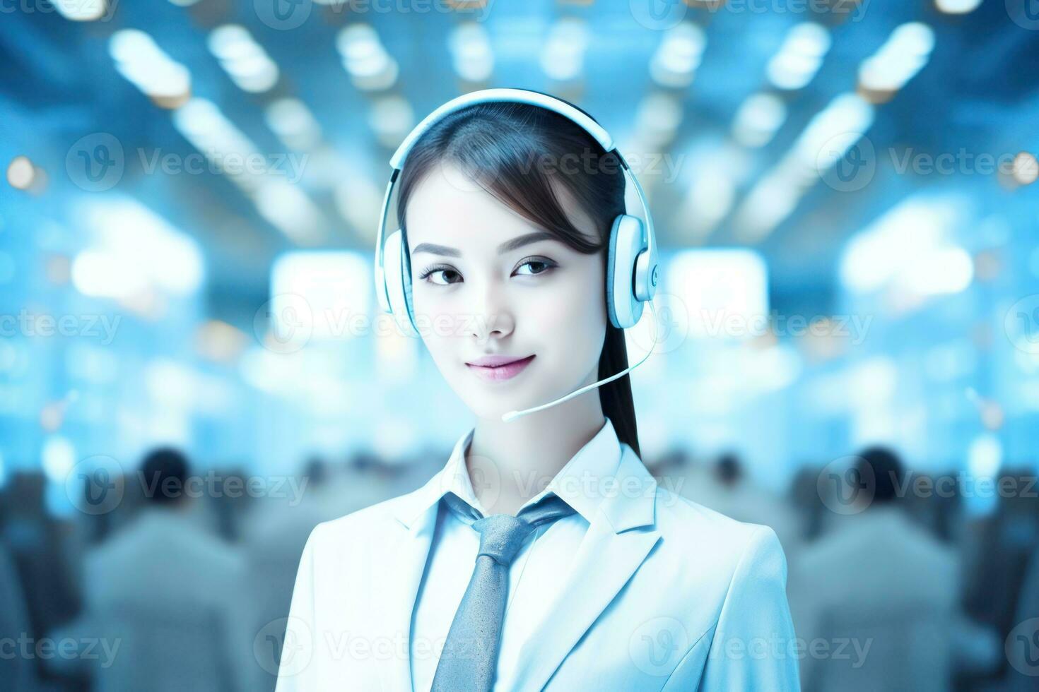 Portrait of a smiling customer service agent, little blur. Created with Generative AI photo