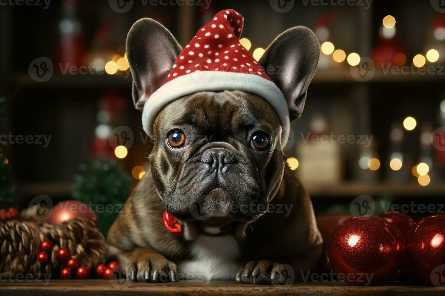 dog and cat of a kitten in a Christmas santa hat, close-up. Generative AI photo
