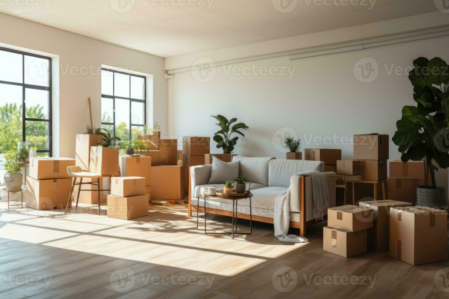 Move concept. Cardboard boxes and cleaning things for moving into a new home. Generative AI photo