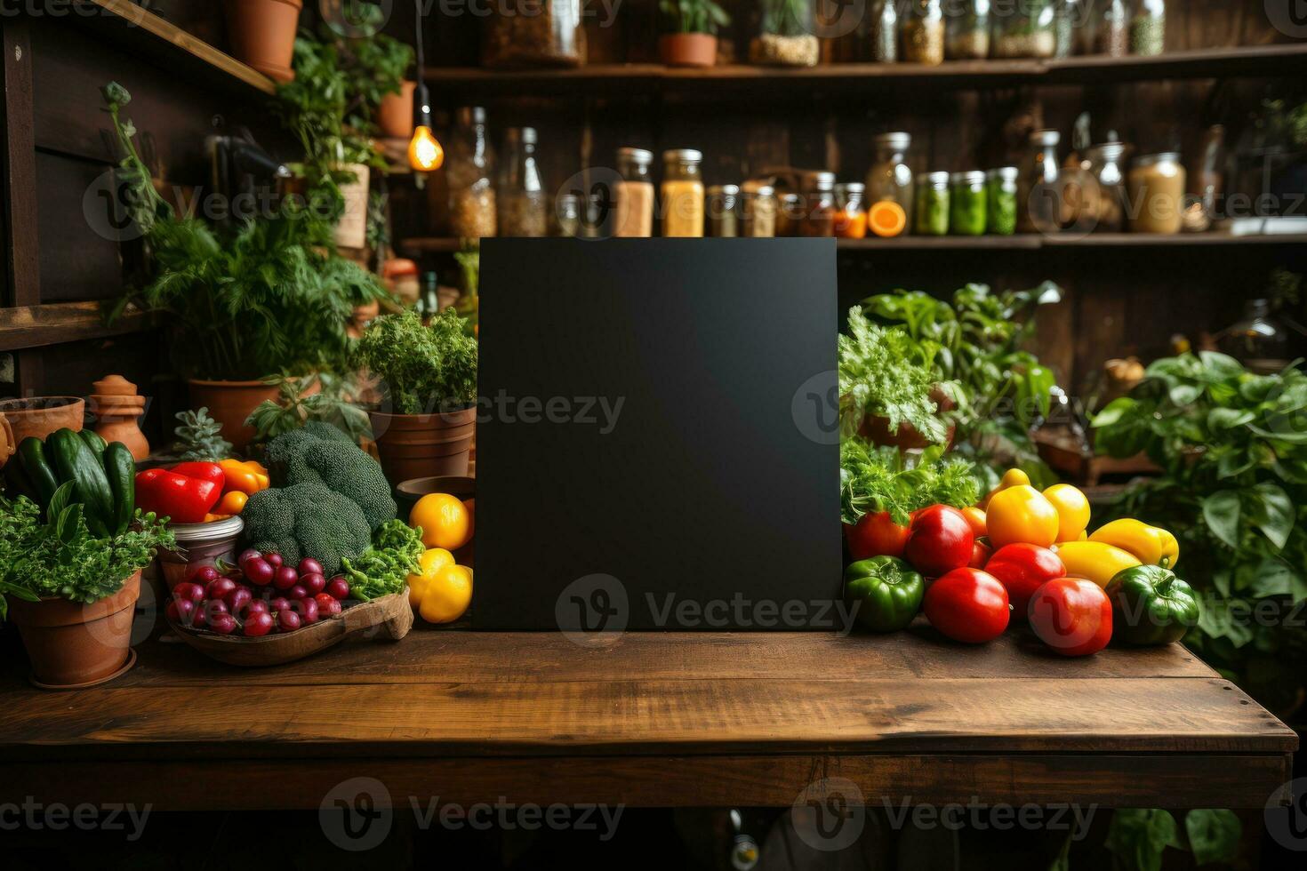 Empty blackboard sign mockup in front of a restaurant. Generative Ai photo