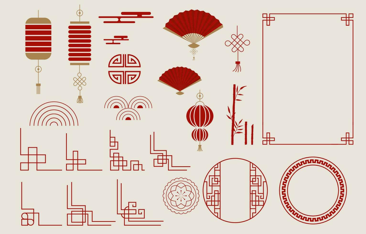 Chinese object with frame,border,lantern.Editable vector illustration for postcard