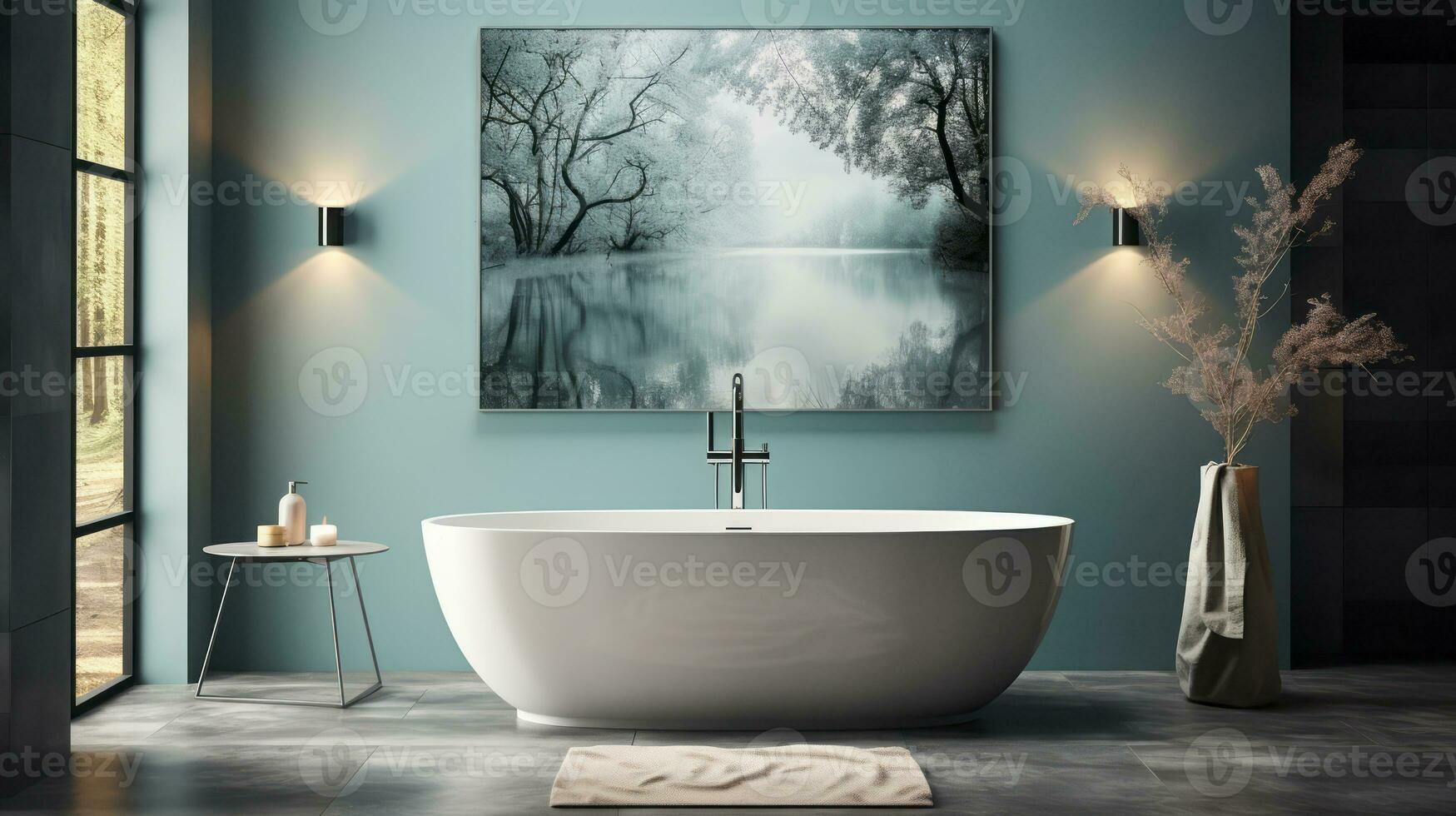 Modern bright bathroom interiors with art wallpaper. AI Generated. photo