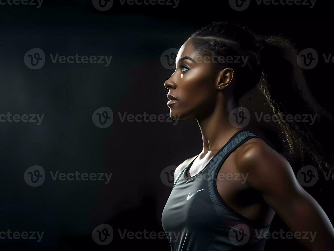 AI Generated A side profile and half body photography of a female running athlete on black background. Runner concept with copy space. photo