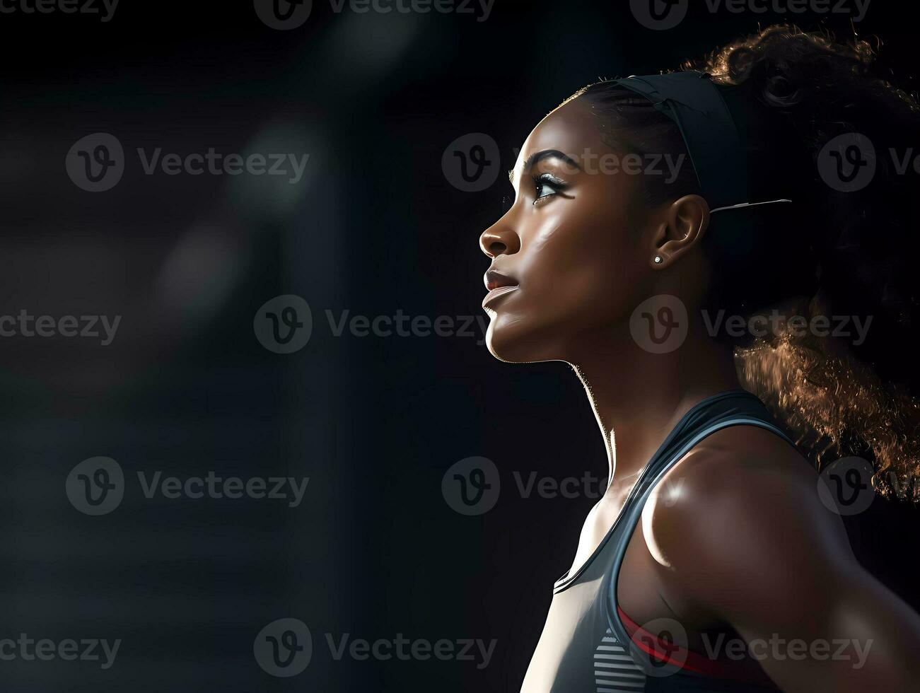 AI Generated A side profile and half body photography of a female running athlete on black background. Runner concept with copy space. photo