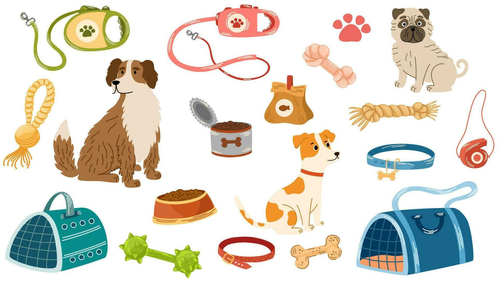 Pet shop assortment, dogs accessories. Set of store supply items for domestic pets, beds, animal food, toys, transportation, collars and feed. Dogs of different breeds. Vector hand draw illustration.