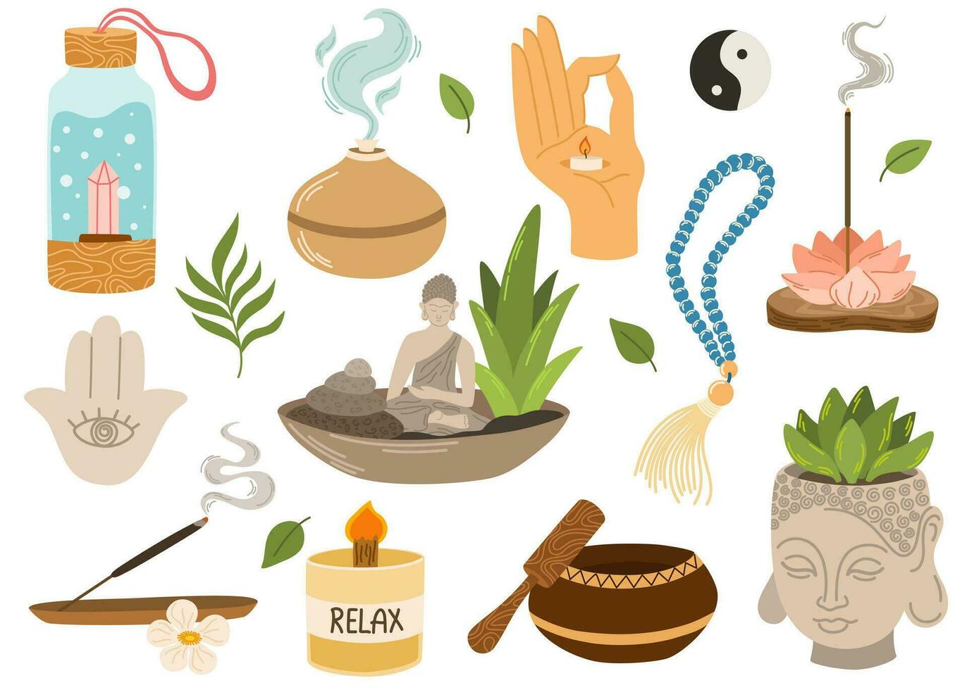 Meditation Items. Singing bowl, beads, incense burner, essential oil diffuser, essential oils, candle, stones. Vector illustration for design, clipart.