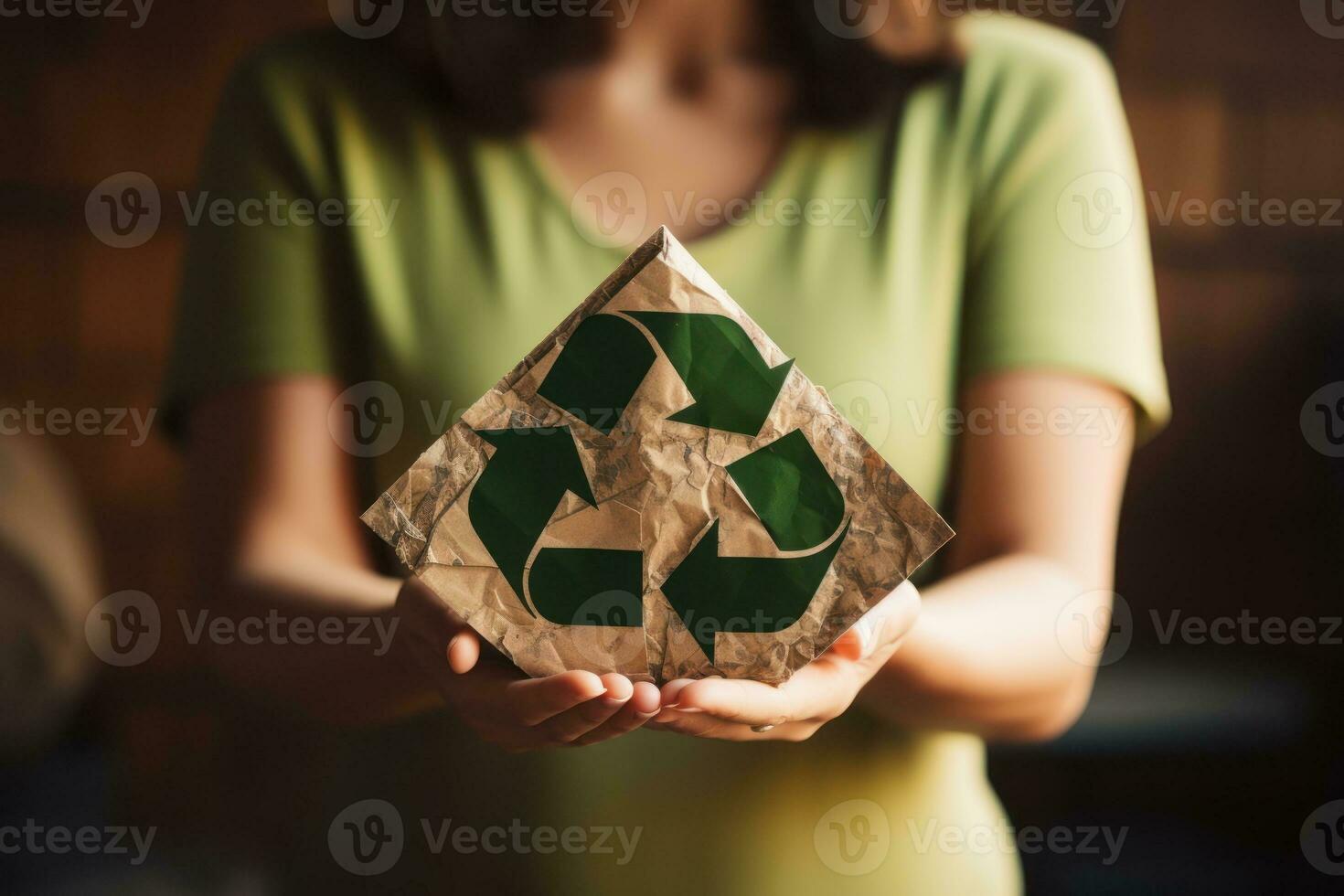 reciclar símbolo en mano y bolsa, sostenible y eco ambiente concepto. generativo ai foto