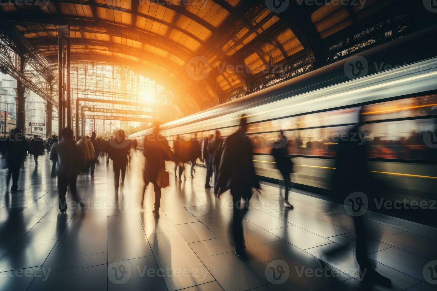 people walking to office environment. Moving crowd motion blurred background. Hand edited generative AI. photo