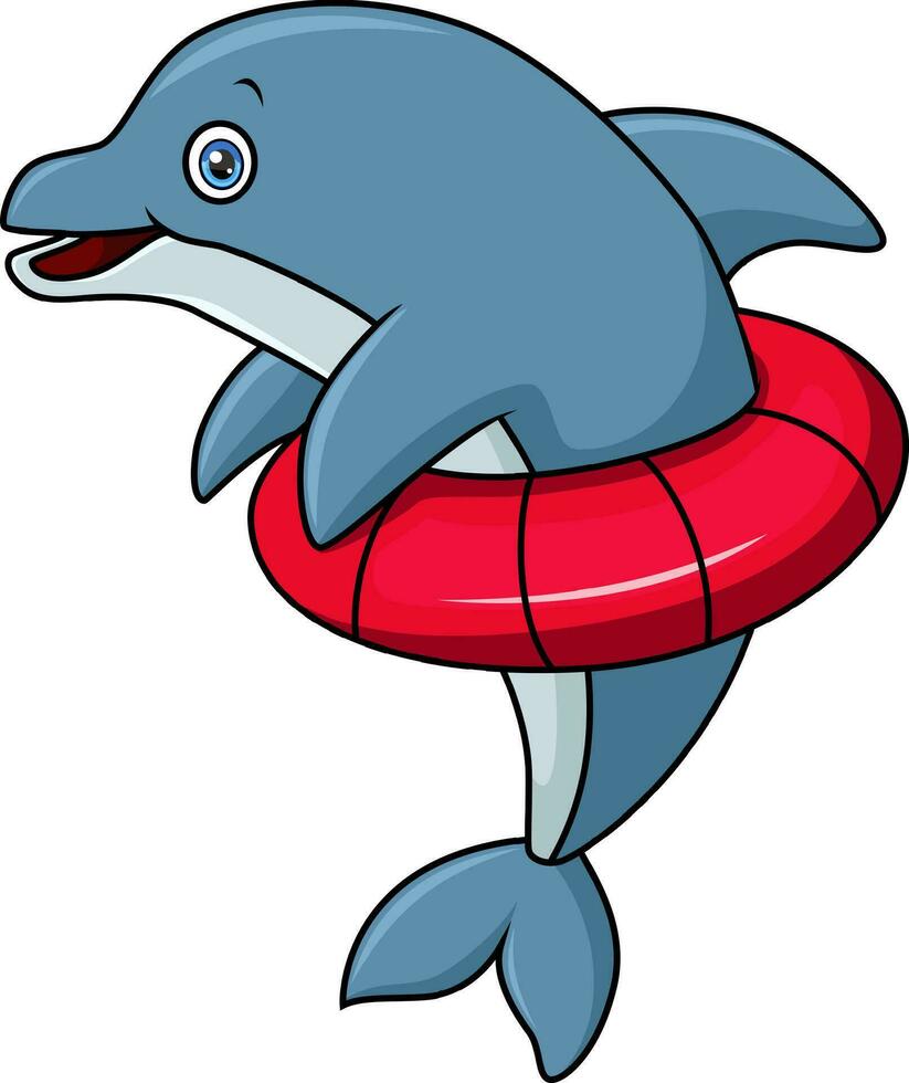 Cute dolphin cartoon with inflatable rubber ring vector