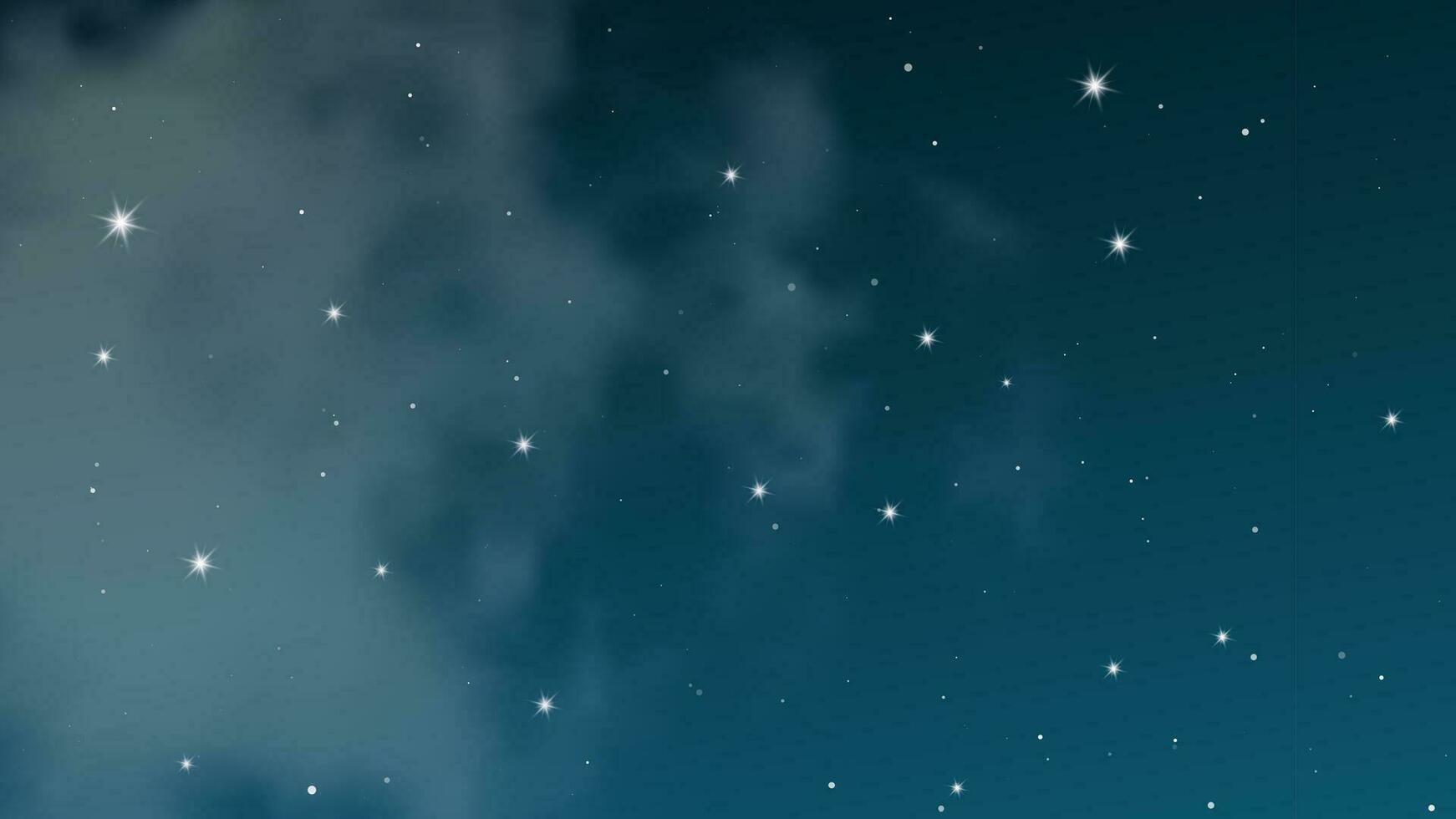 Night sky with clouds and many stars. Abstract nature background with stardust in deep universe. Vector illustration.