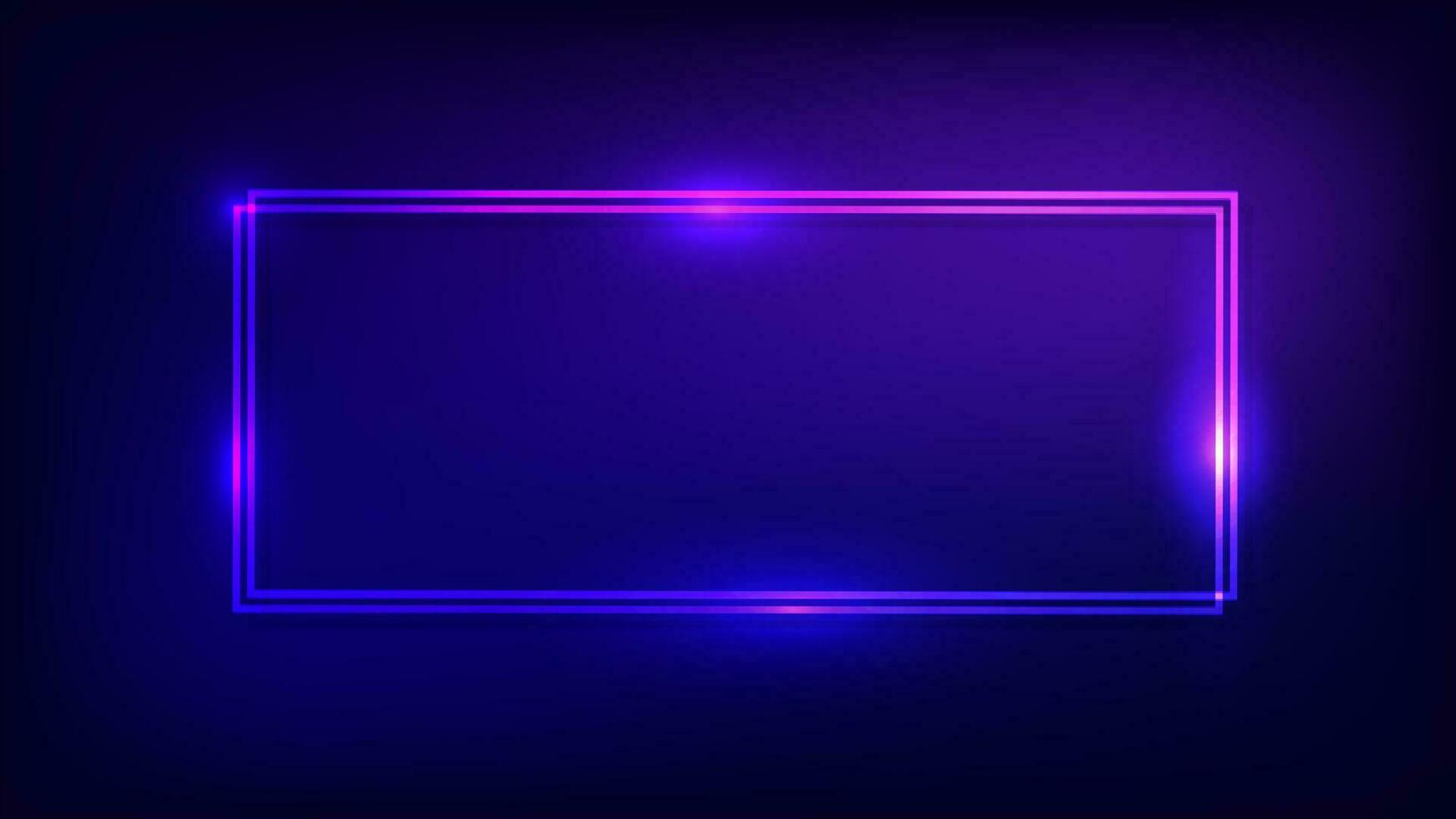 Neon double rectangular frame with shining effects on dark background. Empty glowing techno backdrop. Vector illustration.