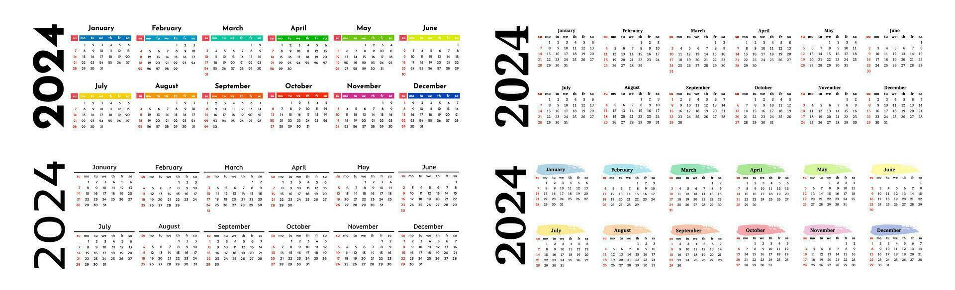 Set of four horizontal calendars for 2024 isolated on a white background. Sunday to Monday, business template. Vector illustration