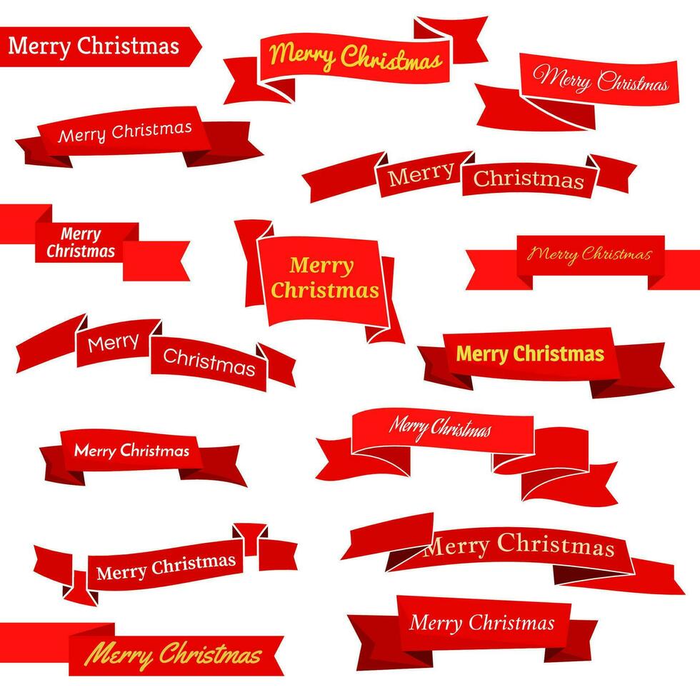 Set of sixteen red ribbons and banners with an inscription Merry Christmas. Great design element isolated on white background. Vector illustration.