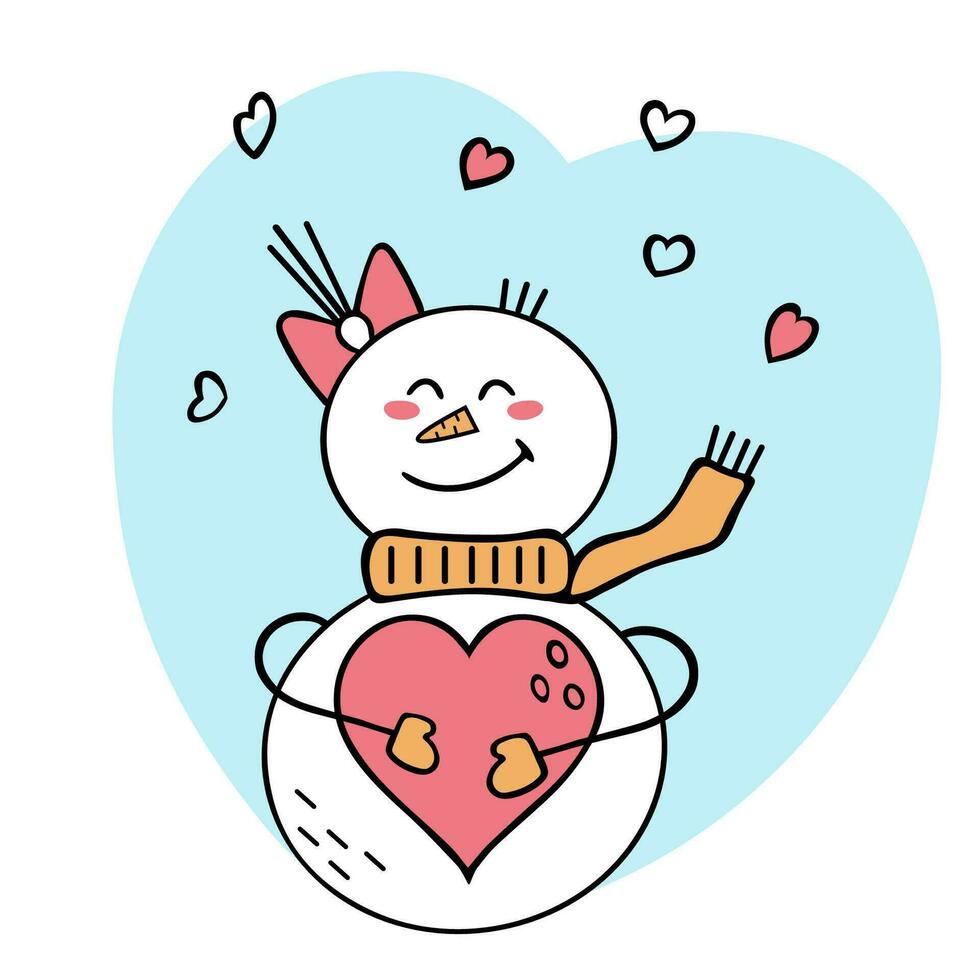 alegre monigote de nieve participación un rosado corazón. garabatear ilustración. Hola invierno vector