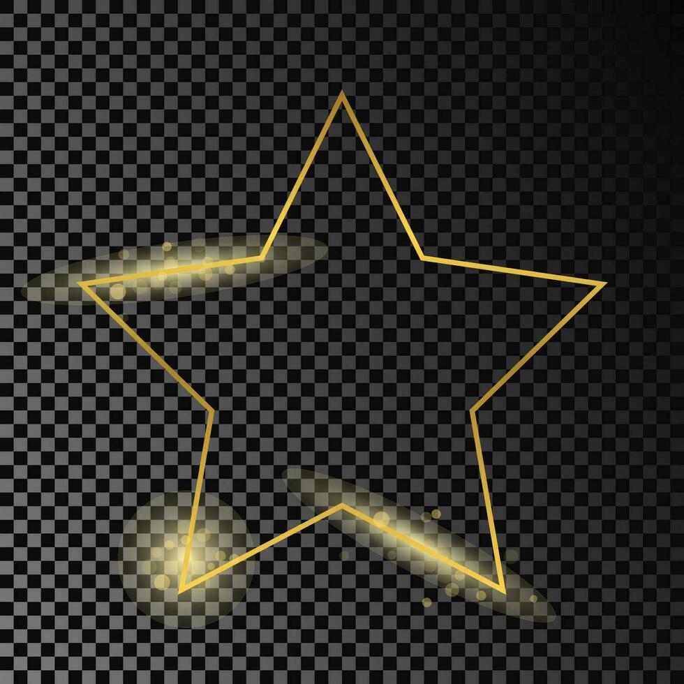 Gold glowing star shape frame isolated on dark background. Shiny frame with glowing effects. Vector illustration.