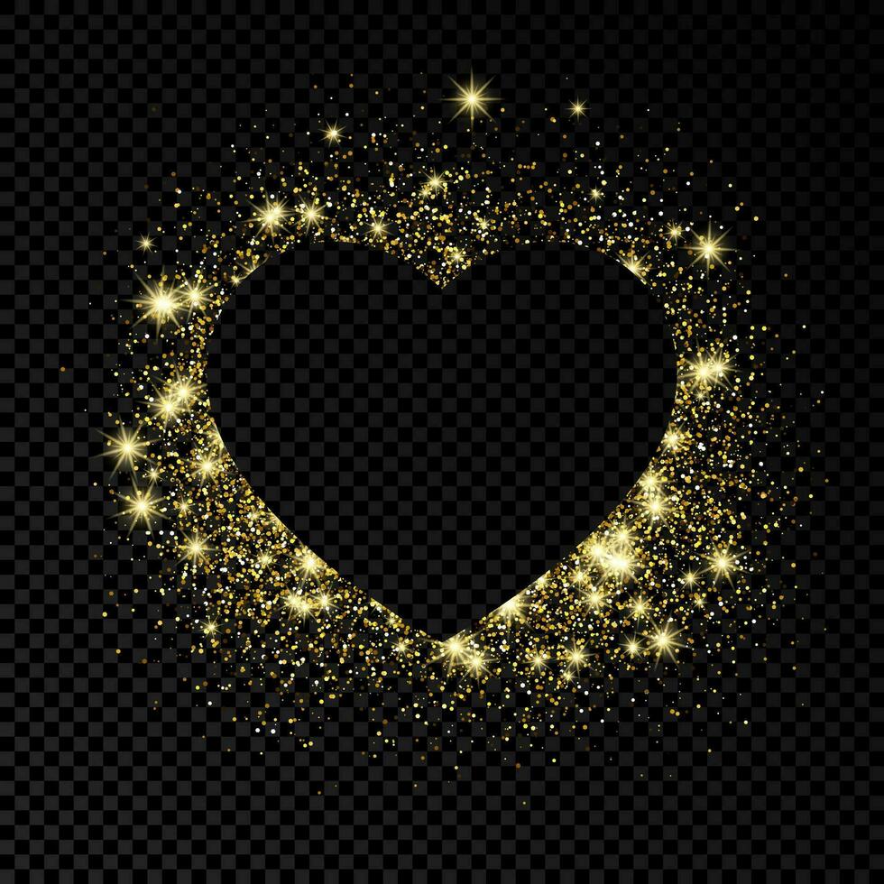 Heart shape frame with golden glitter on dark background. Greeting card with empty dark background. Vector illustration.