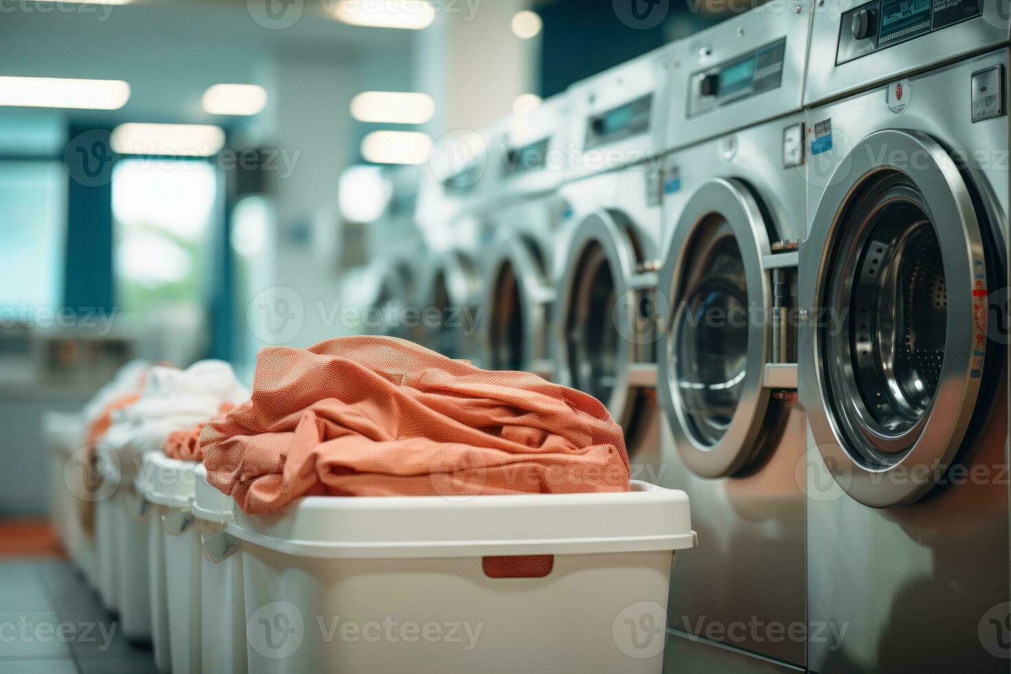 Row of washing machine of laundry business in the public store. Generative AI photo