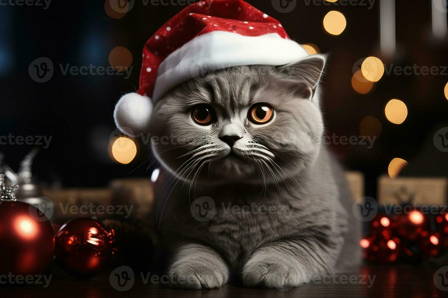 perro y gato de un gatito en un Navidad Papa Noel sombrero, de cerca. generativo ai foto