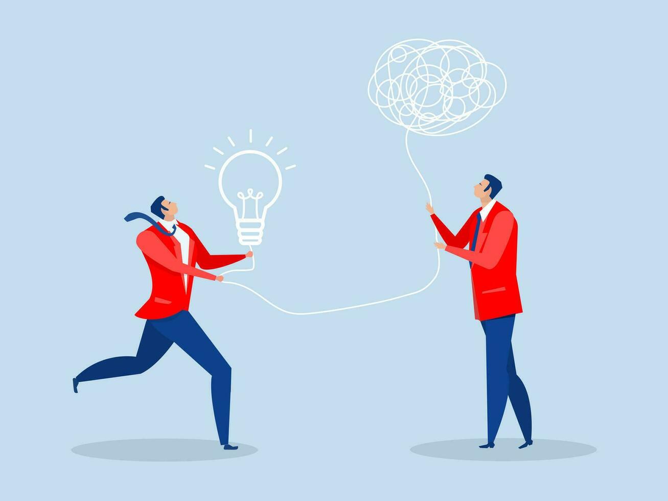 businessman with messy thinking with other giving lightbulb solution,idea, decision making and solution coaching to help trouble from Problem solving skill to think of solution concept vector