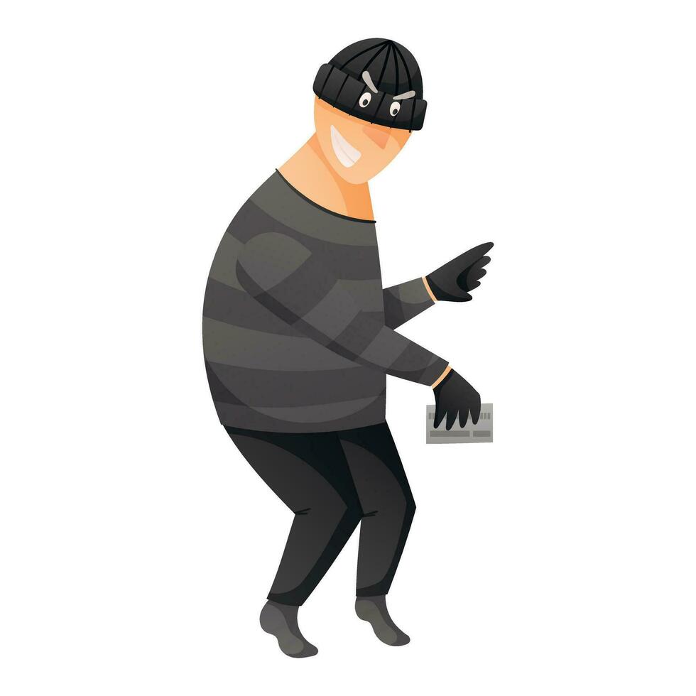 Vector cartoon illustration of a thief or pickpocket in a mask sneaks on tiptoe and steals bank cards or money.