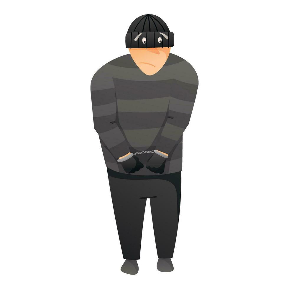 Vector cartoon isolated illustration of a male thief or crook in a mask and gloves. Detention of a criminal, handcuffed hands.