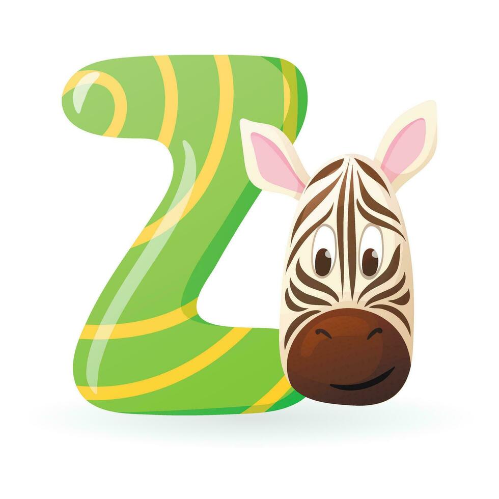 Kids banner with english alphabet letter Z and cartoon image of striped zebra head vector