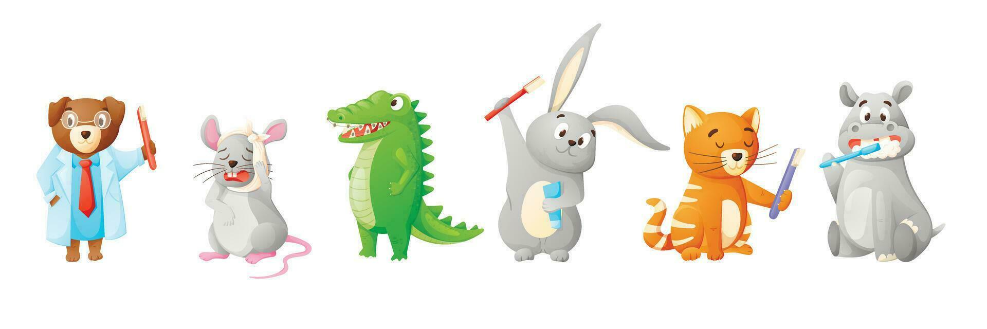 Set of vector cartoon animals with toothbrushes, toothpaste and dental braces. Dental treatment concept, dentis and toothache.