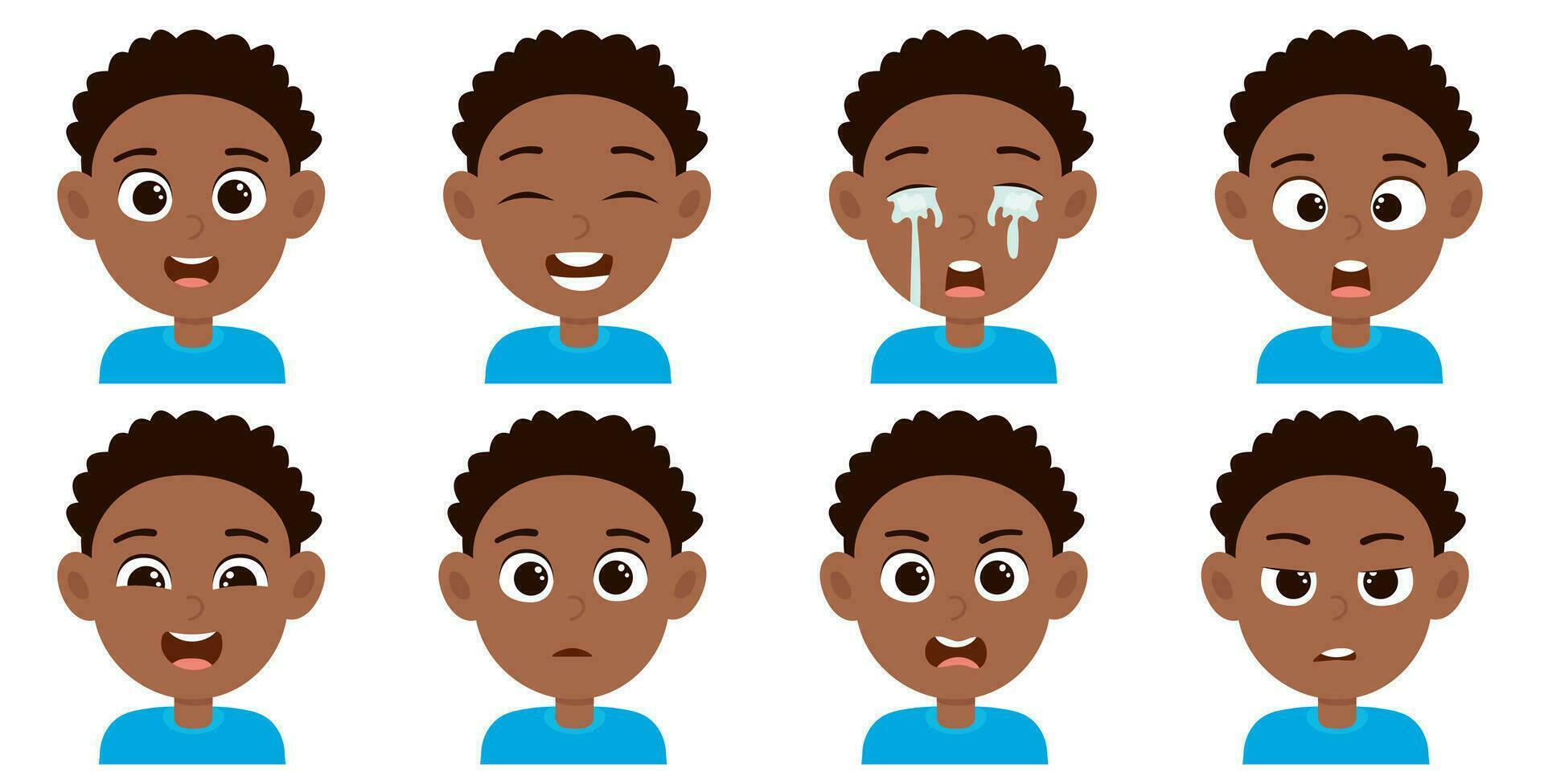 Dark skin cute boy avatar with different facial expression vector