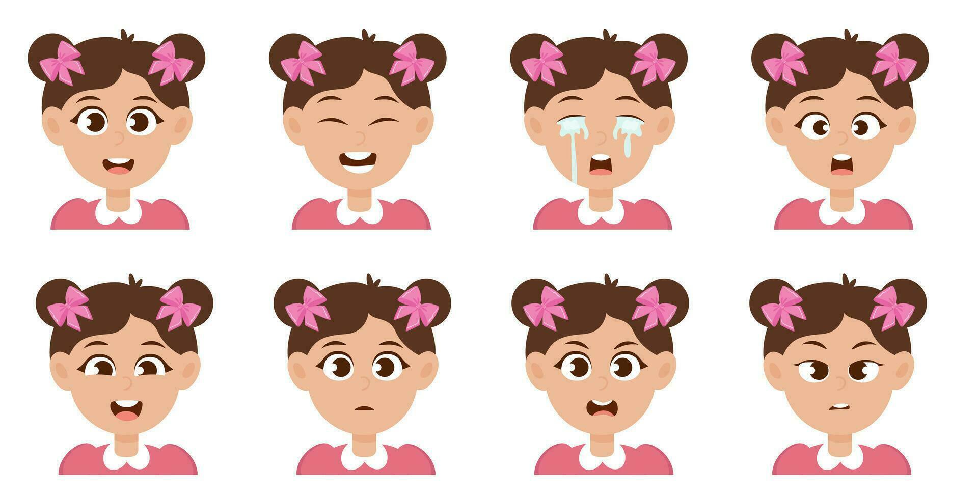 Cute little girl avatar with ponytail hairstyle and different facial expression vector