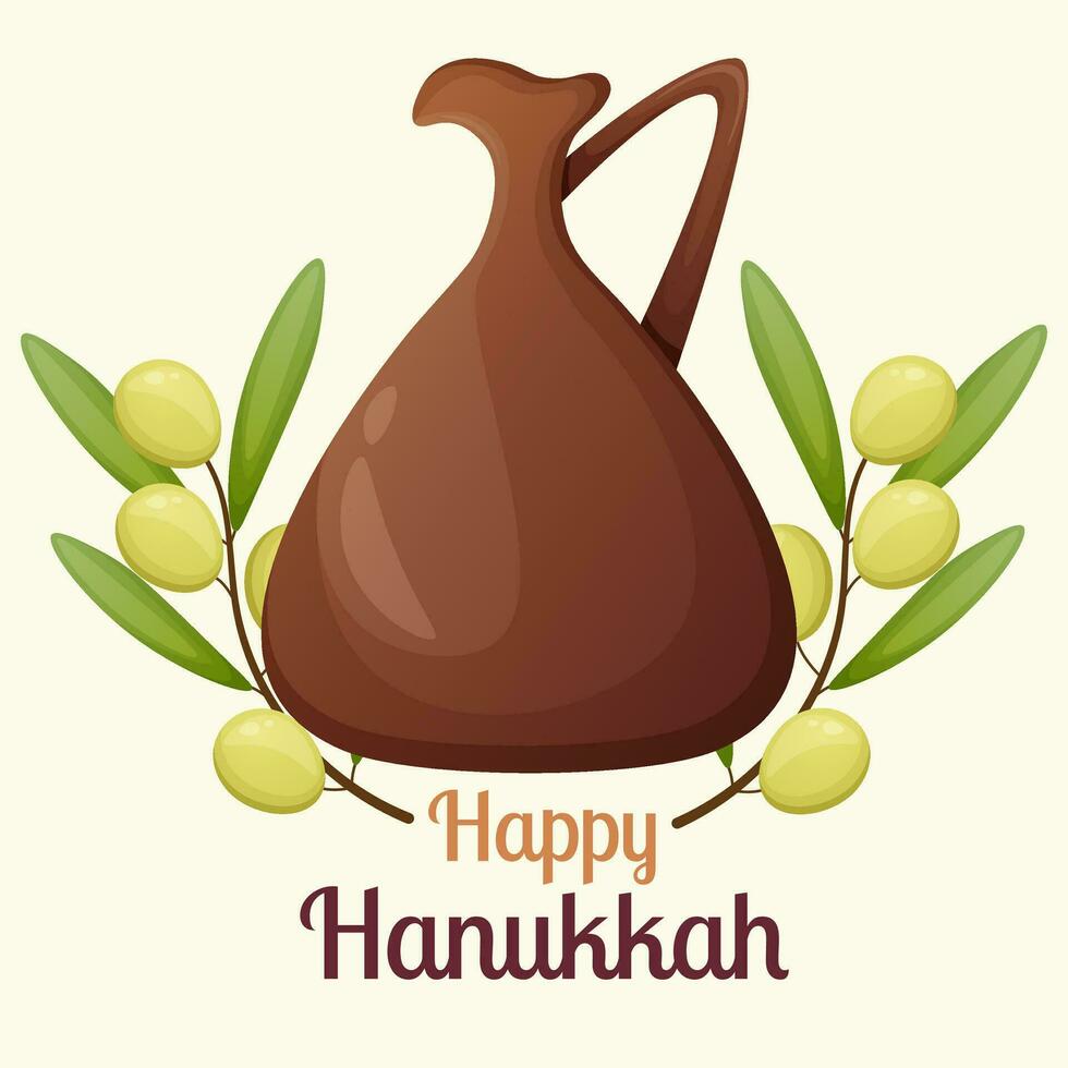 Hanukkah greeting card with bonze jug with olive oil and olive branches. vector