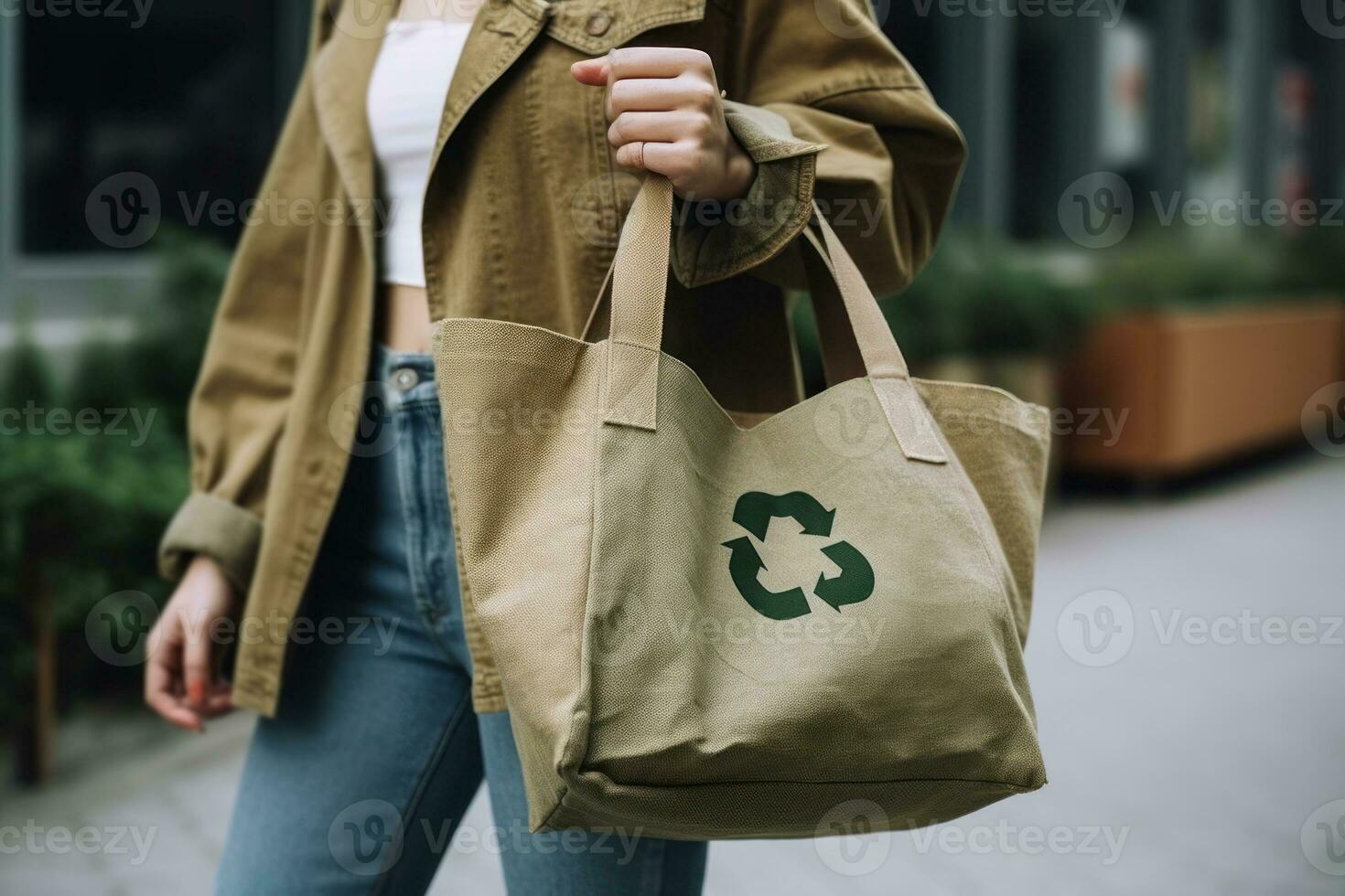Recycle symbol on hand and bag, sustainable and eco environment concept. Generative AI photo