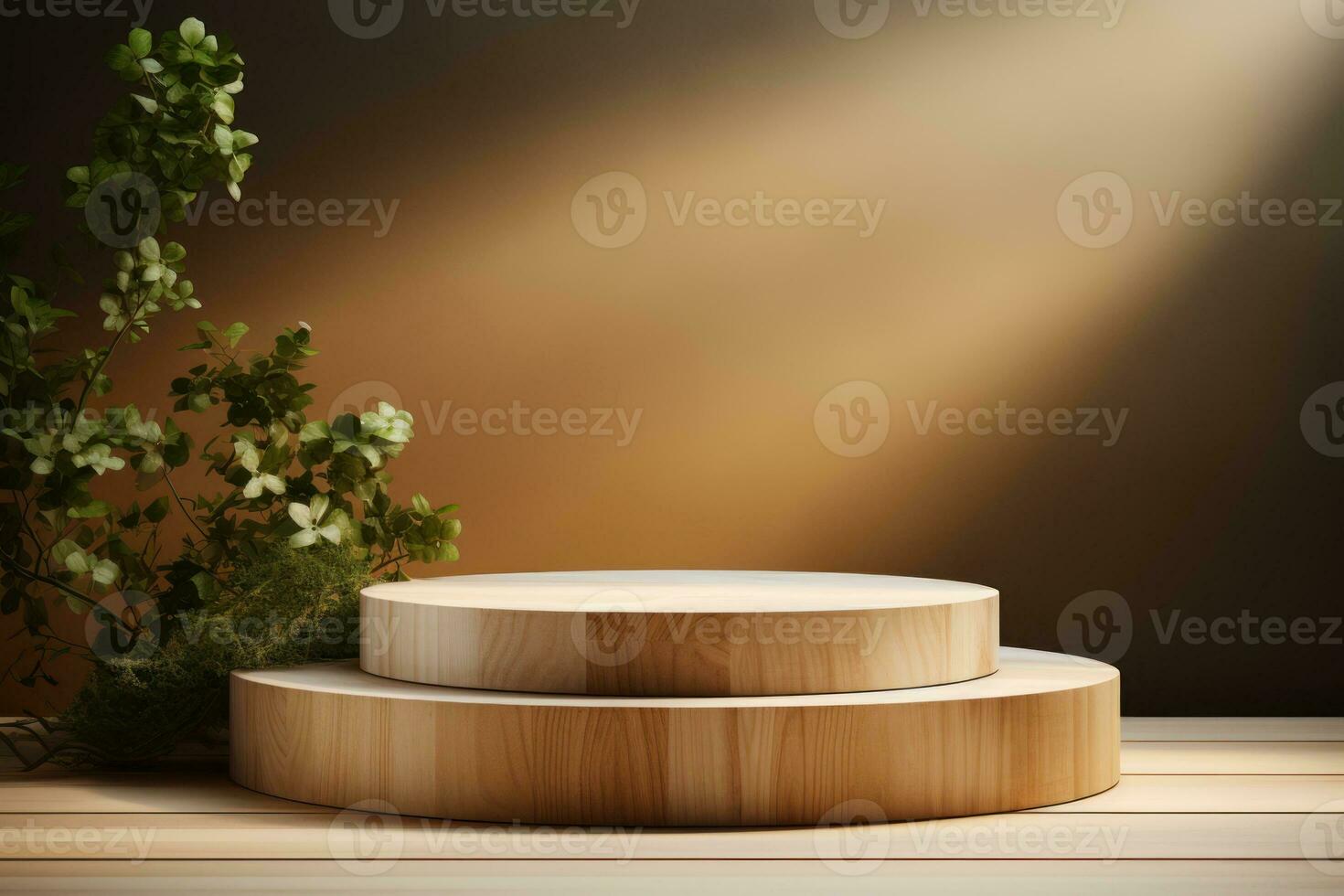 wood podium display for food, perfume, jewellery and cosmetic products on monochrome background. Generative AI photo