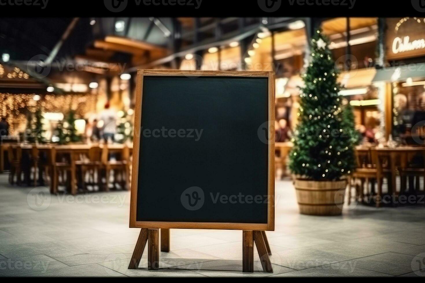 Empty blackboard sign mockup in front of a restaurant. Generative Ai photo