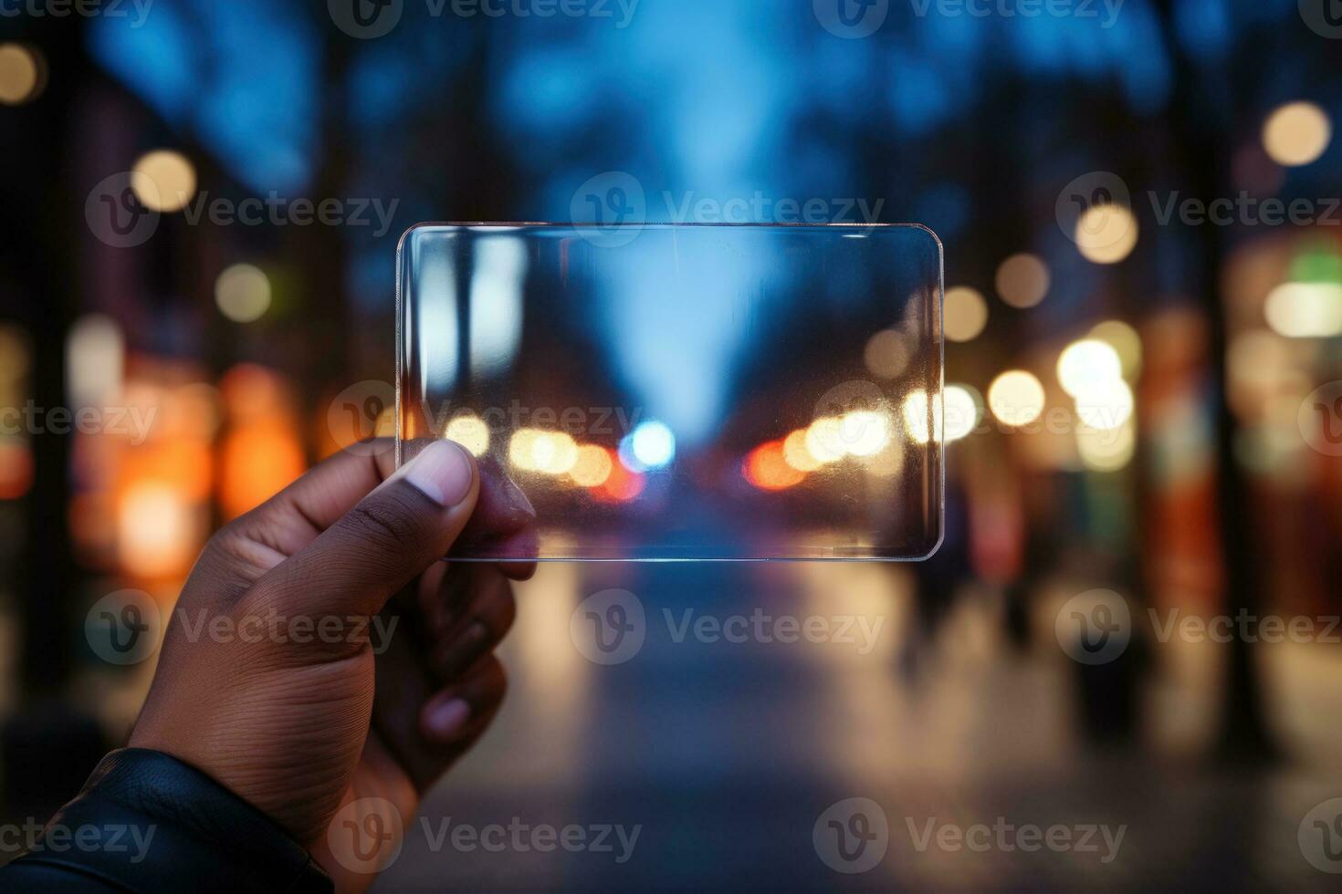 hand holding virtual, transparent business card. Genarative ai photo