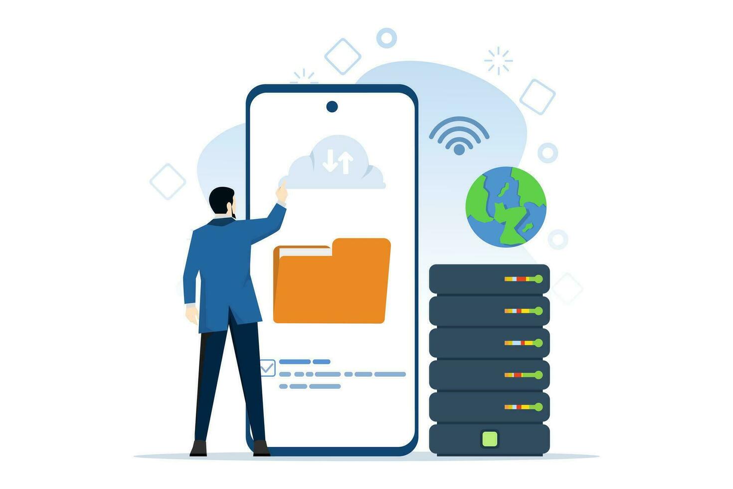 Cloud technology concept. cloud computing, online database, web hosting, web data center. characters store data on cloud servers. Vector illustration for web banner, infographic, mobile app.