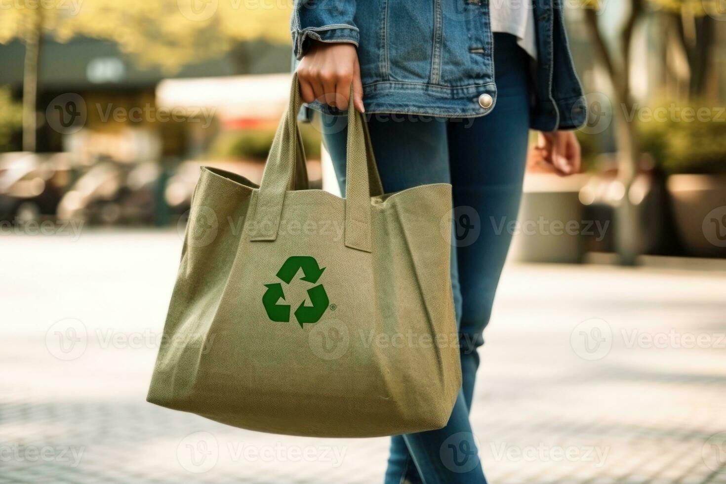Recycle symbol on hand and bag, sustainable and eco environment concept. Generative AI photo