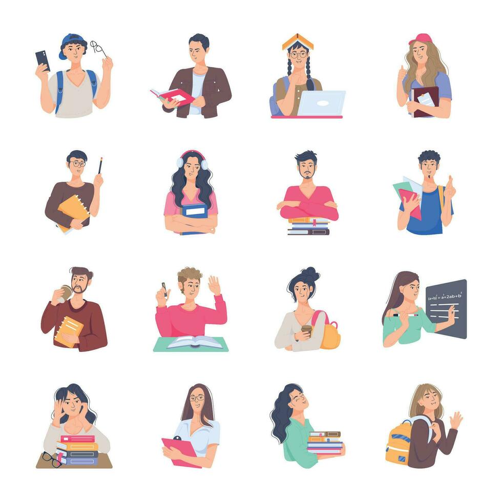 Bundle of College Students Flat Characters vector