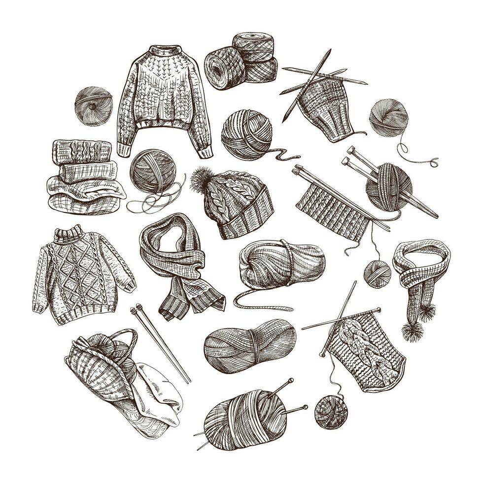 Vintage set of hand drawn knitting icons. Elements in a circle. Vector illustrations in sketch style. Handmade, knitting equipment concept in vintage doodle style. Engraving style.