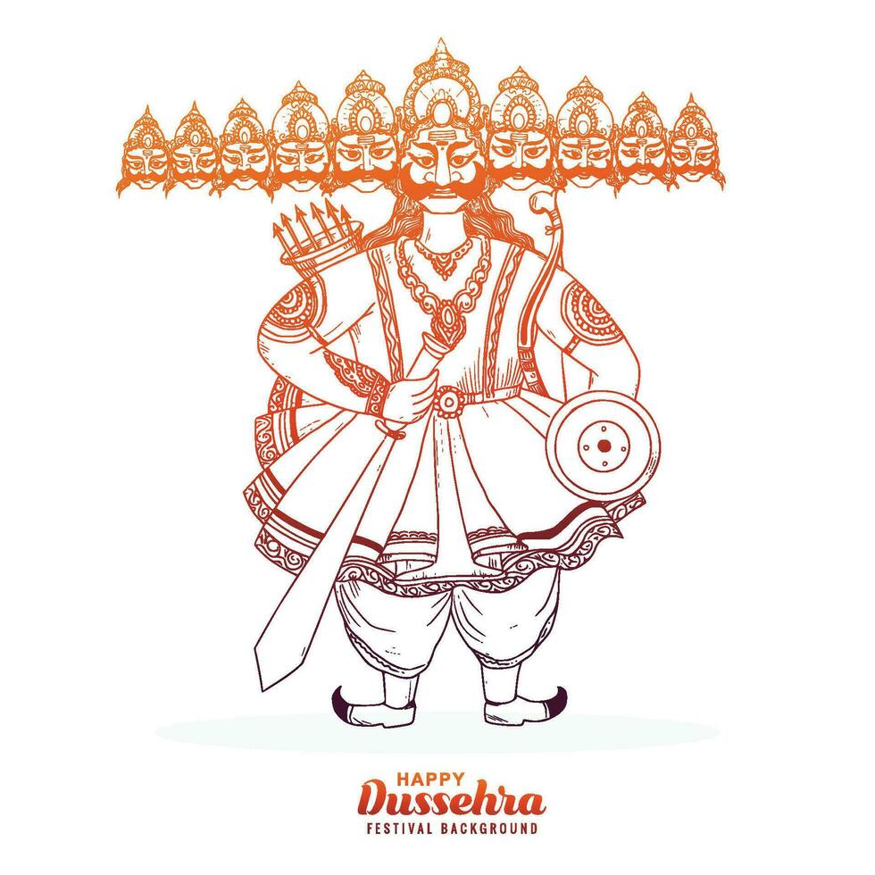 Happy dussehra celebration angry ravan with ten heads sketch design vector