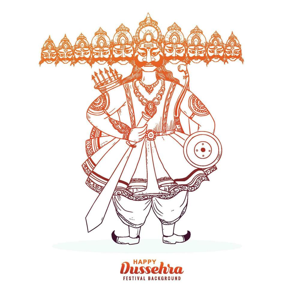 contento dussehra celebracion enojado ravan con diez cabezas bosquejo diseño vector