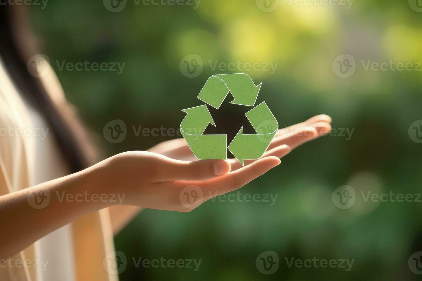 Recycle symbol on hand and bag, sustainable and eco environment concept. Generative AI photo