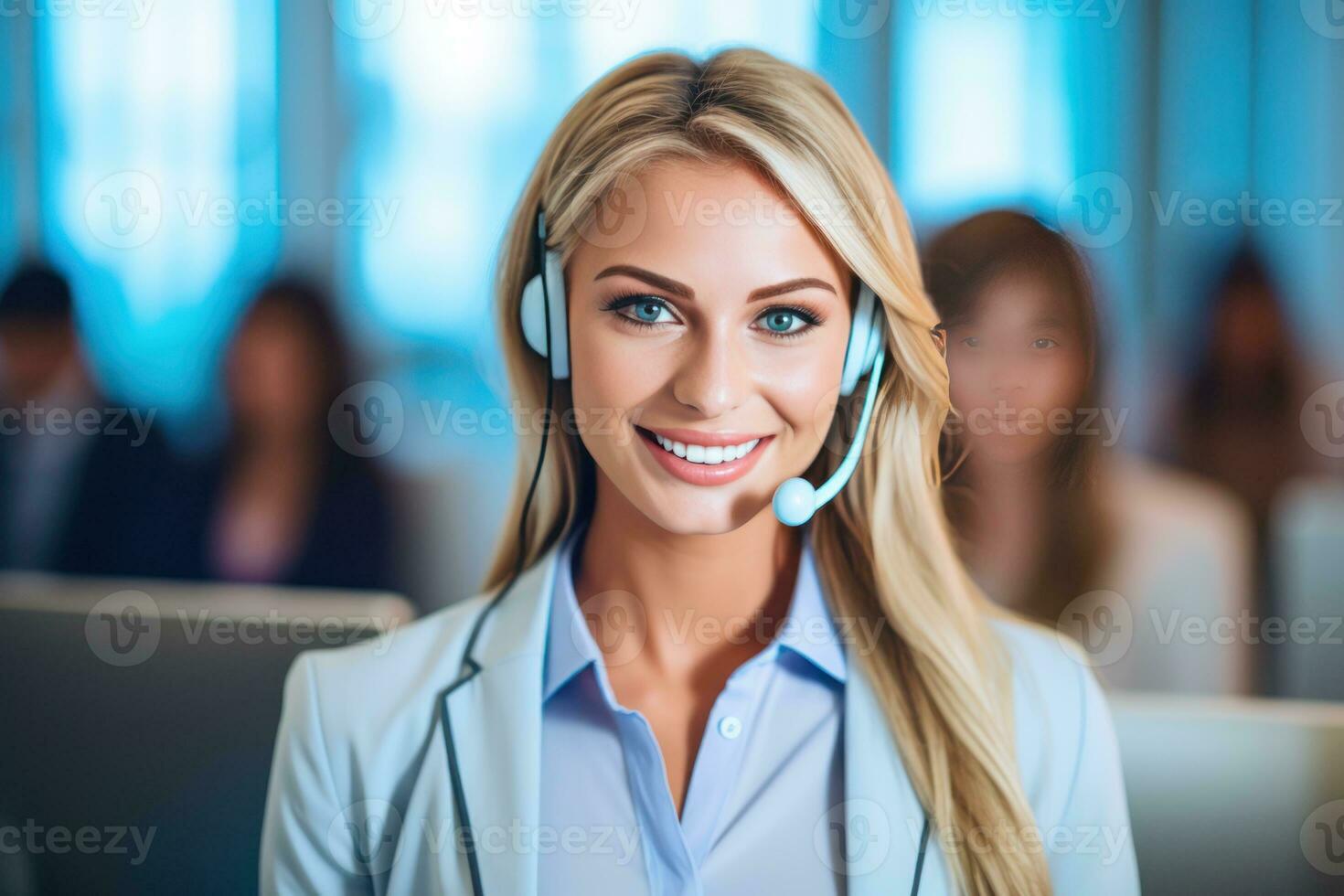 Portrait of a smiling customer service agent, little blur. Created with Generative AI photo