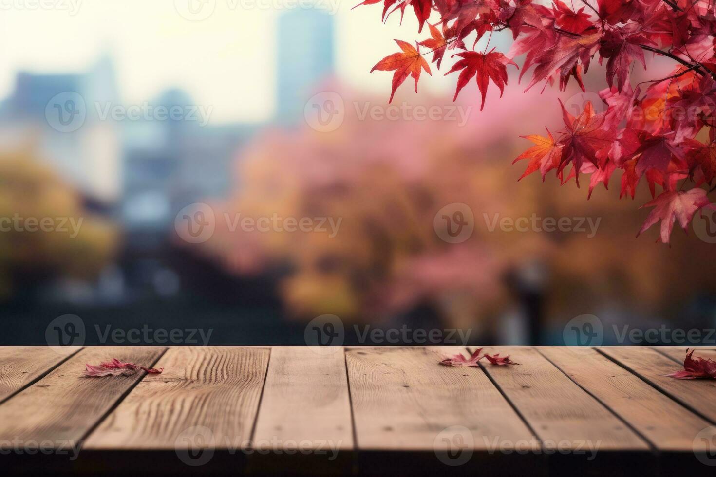 wooden table mockup, product display on autumn . Generative AI. photo
