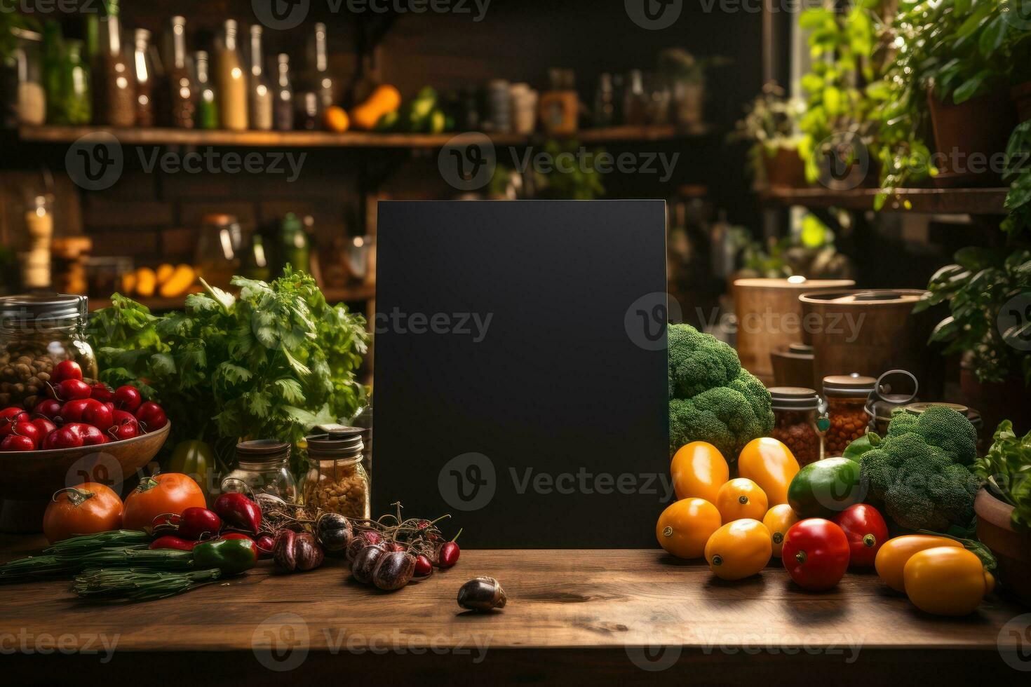 Empty blackboard sign mockup in front of a restaurant. Generative Ai photo