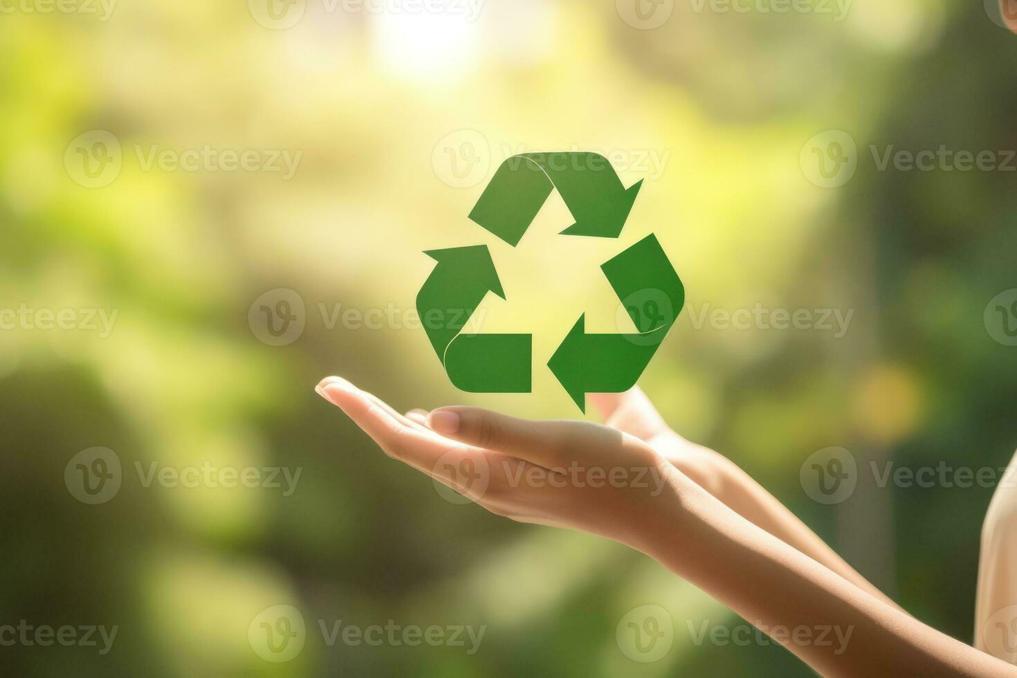 reciclar símbolo en mano y bolsa, sostenible y eco ambiente concepto. generativo ai foto
