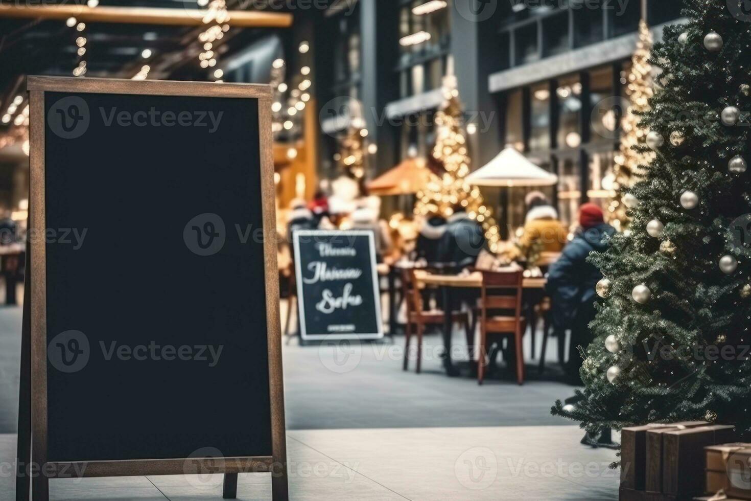 Empty blackboard sign mockup in front of a restaurant. Generative Ai photo